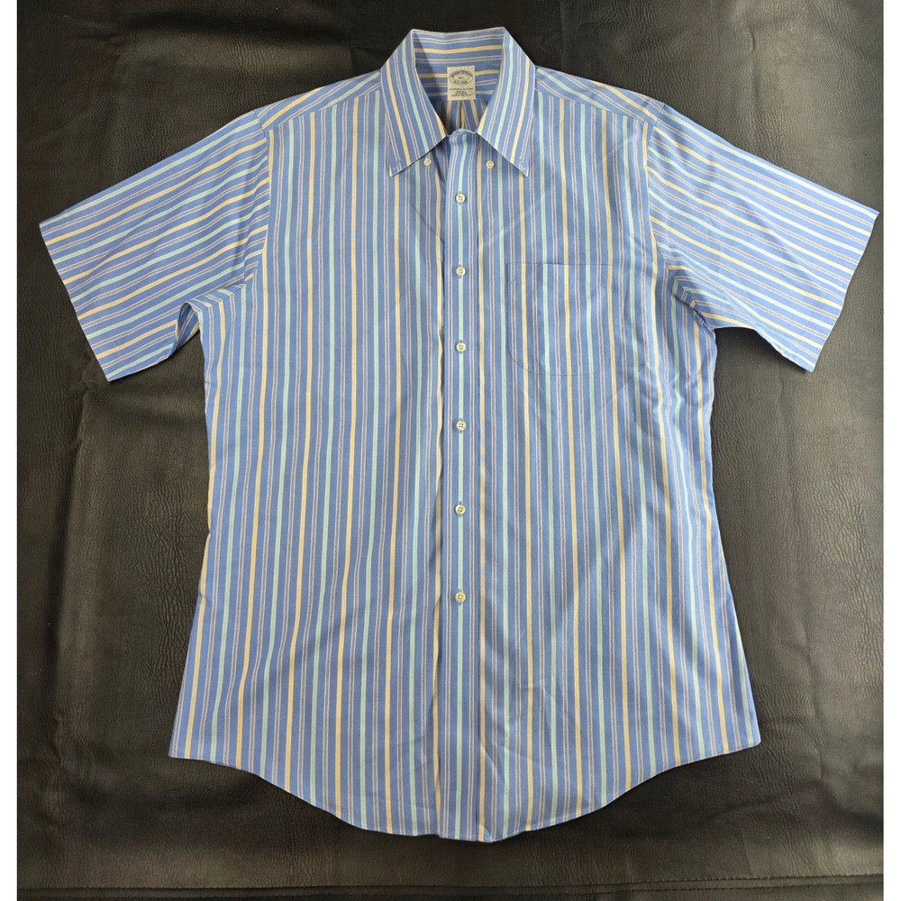 Brooks Brothers Slim Fit Non-Iron Striped Short Sleeve Shirt Blue Yellow 16.5